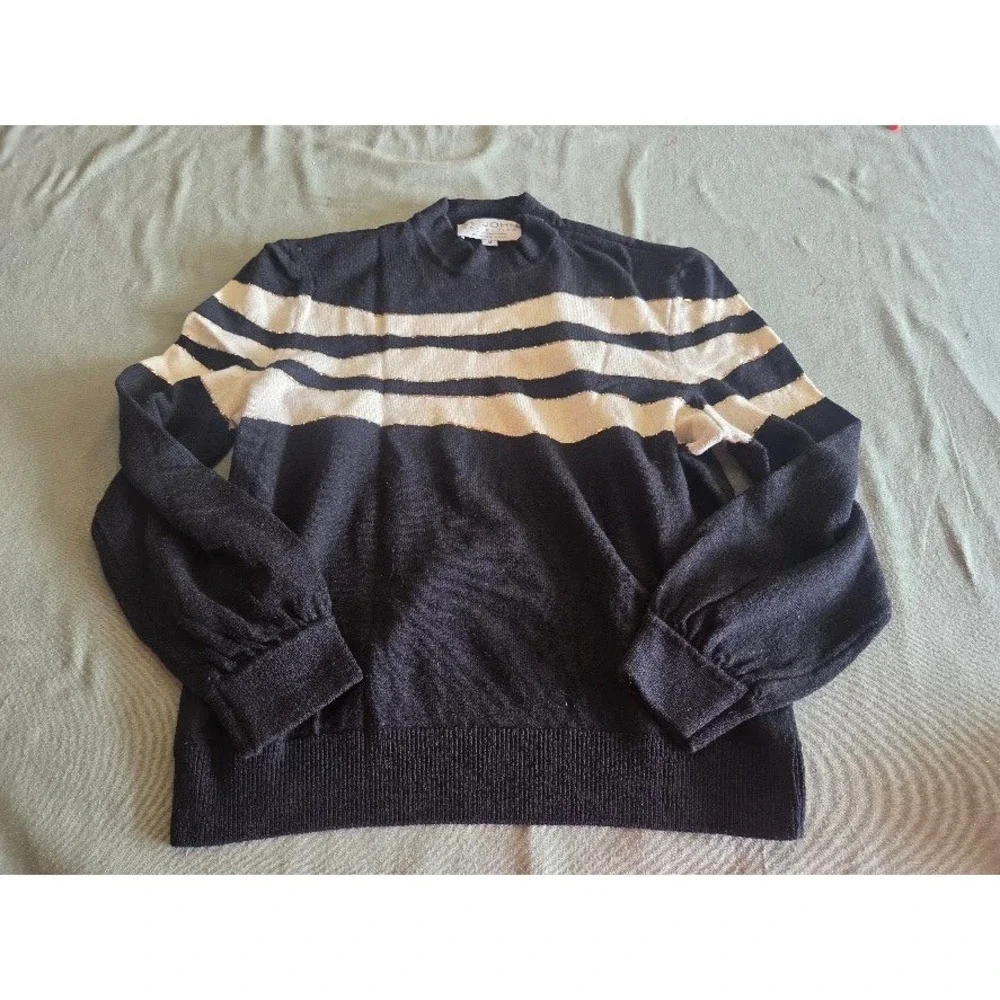 St. John Collection Marie Gray Black White Striped Knit Sweater Gold Accents M